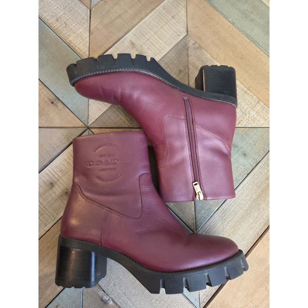 Coach Corinna Bootie Wine CC77 Size 8 B Boots Burgundy‎ Embossed Chunky - Picture 5 of 9